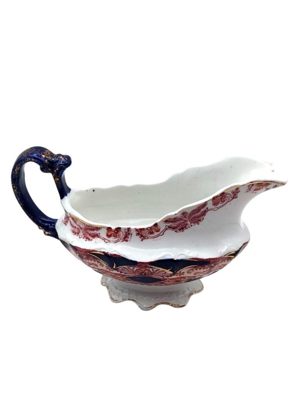 Vintage Porcelain Scalloped Pedestal Gravy Boat Floral Gold Trim R No. 4278